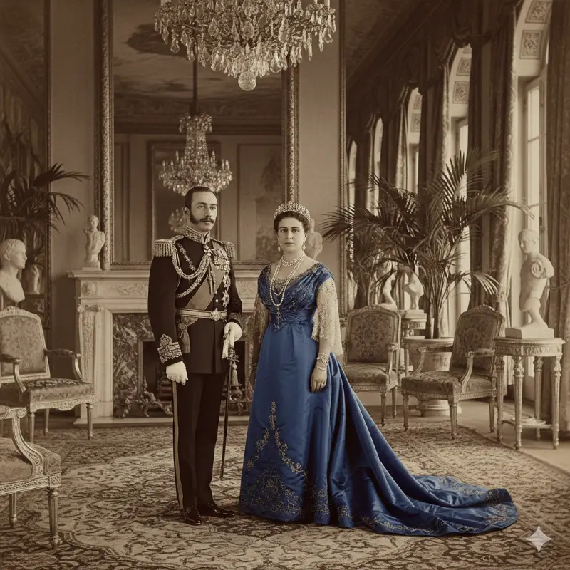 "صورة فنية للخديوي إسماعيل وزوجته داخل قصر عابدين، يظهران بملابس ملكية وسط ديكور فاخر يعكس الطراز الأوروبي الكلاسيكي."