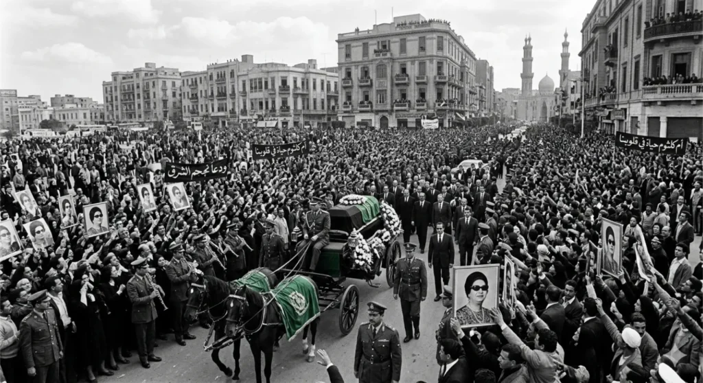 جنازة أم كلثوم حيث حزن الشعب عليها وأصيب بالصدمة بعد إعلان خبر وفاتها وكانت جنازتها مهيبة