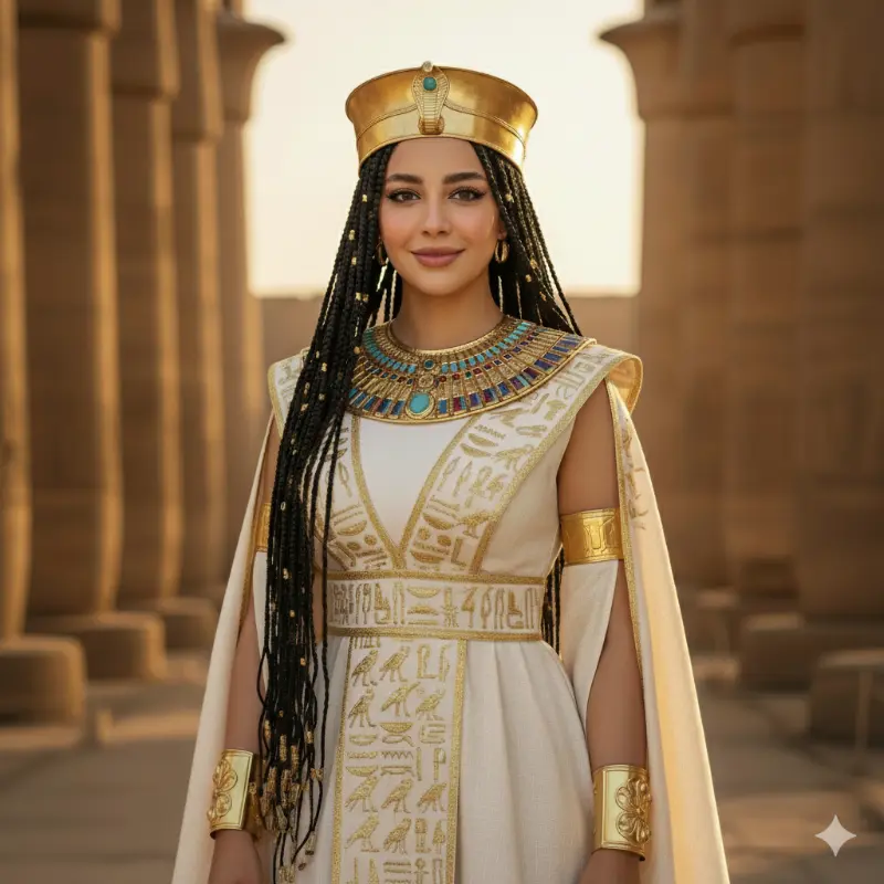 صورة رمزية لنهلة، مؤسسة موقع NahlaEgypt، ترتدي زيًا فرعونيًا تقليديًا أمام أعمدة أثرية مصرية في مشهد مستوحى من الحضارة القديمة