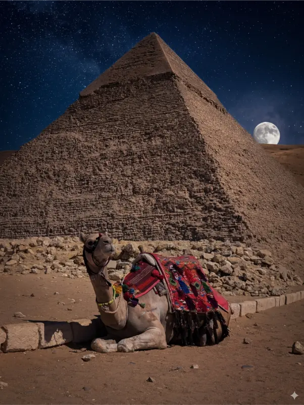 "جمل مزين أمام الأهرامات في الجيزة تحت ضوء القمر – رحلة سياحية ليلية تجمع بين التاريخ والطبيعة"