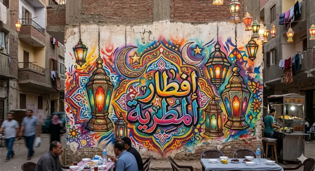 صورة لجدارية ملونة لإفطار المطرية في شهر رمضان