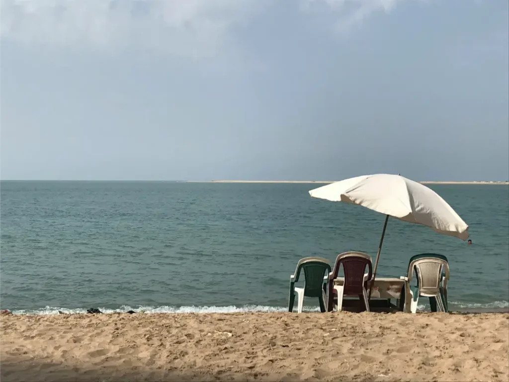 شماسي شاطئ المعمورة والجلوس على البحر للاسترخاء
