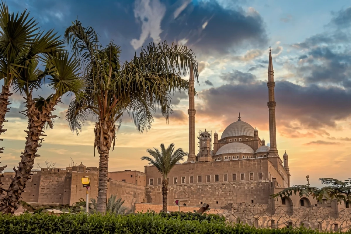 قلعة صلاح الدين الأيوبي بين النخيل والأشجار أثناء غروب الشمس